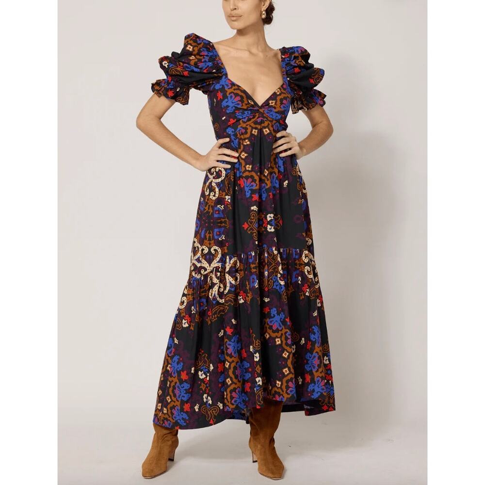 Cleobella Jewel Ankle Dress Venezia Print Size Small NWT Short Puff Sleeves